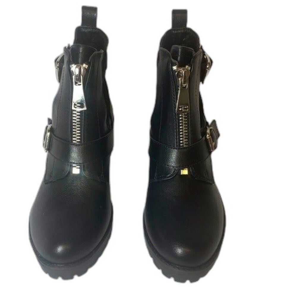CM Paris Black Ankle Boots 38 / 7.5 Zipper Buckle Moto Booties Chunky Heel